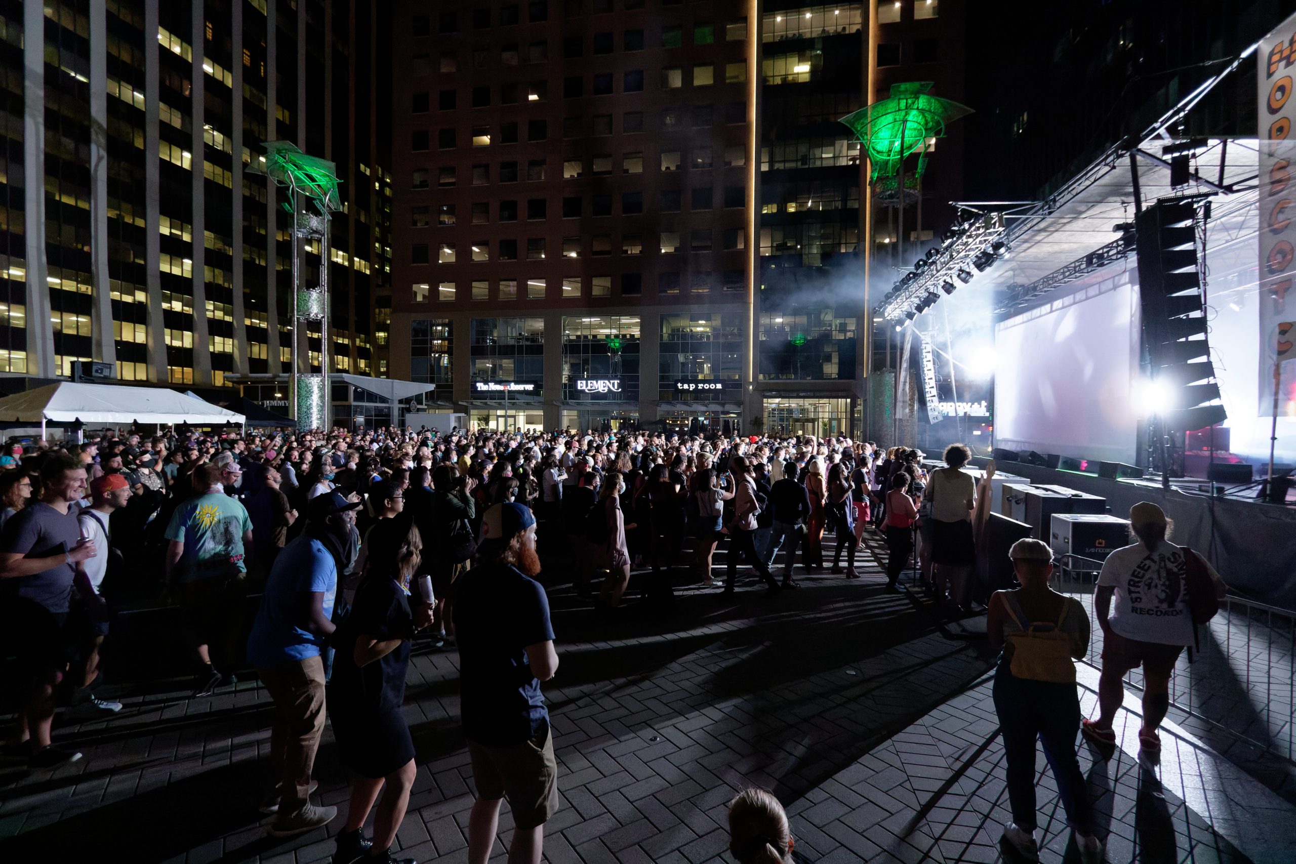 Shot of the crowd watching Flying Lotus at the City Plaza venue
Photo by Ford Bowles